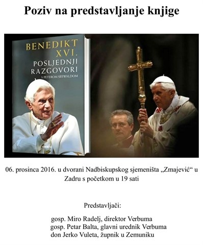 Poziv na predstavljanje knjige "Posljednji razgovori" pape emeritusa Benedikta XVI. s Peterom Seewaldom